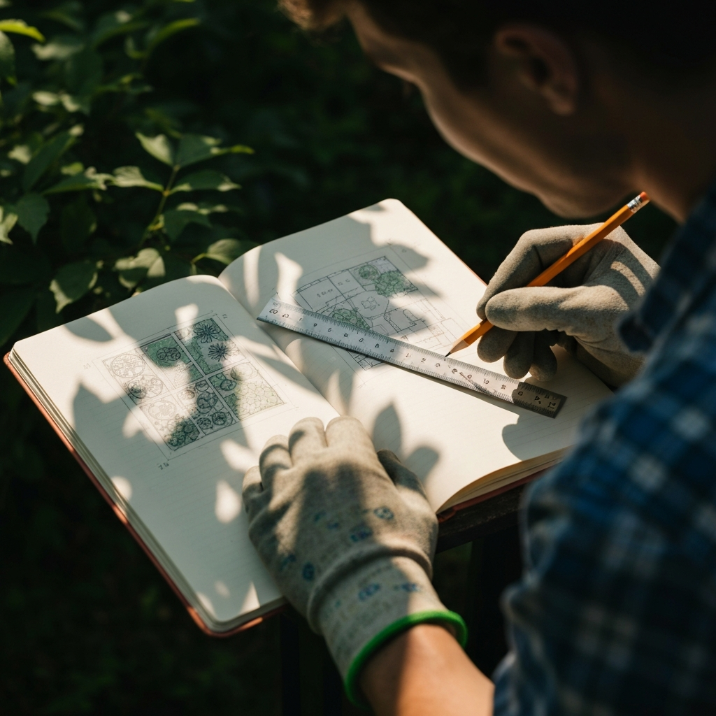 A gardener sketches a garden layout in a notebook, sunlight streaming through leaves casts dappled shadows on the page. The gardener is using a ruler and pencil, wearing gardening gloves.