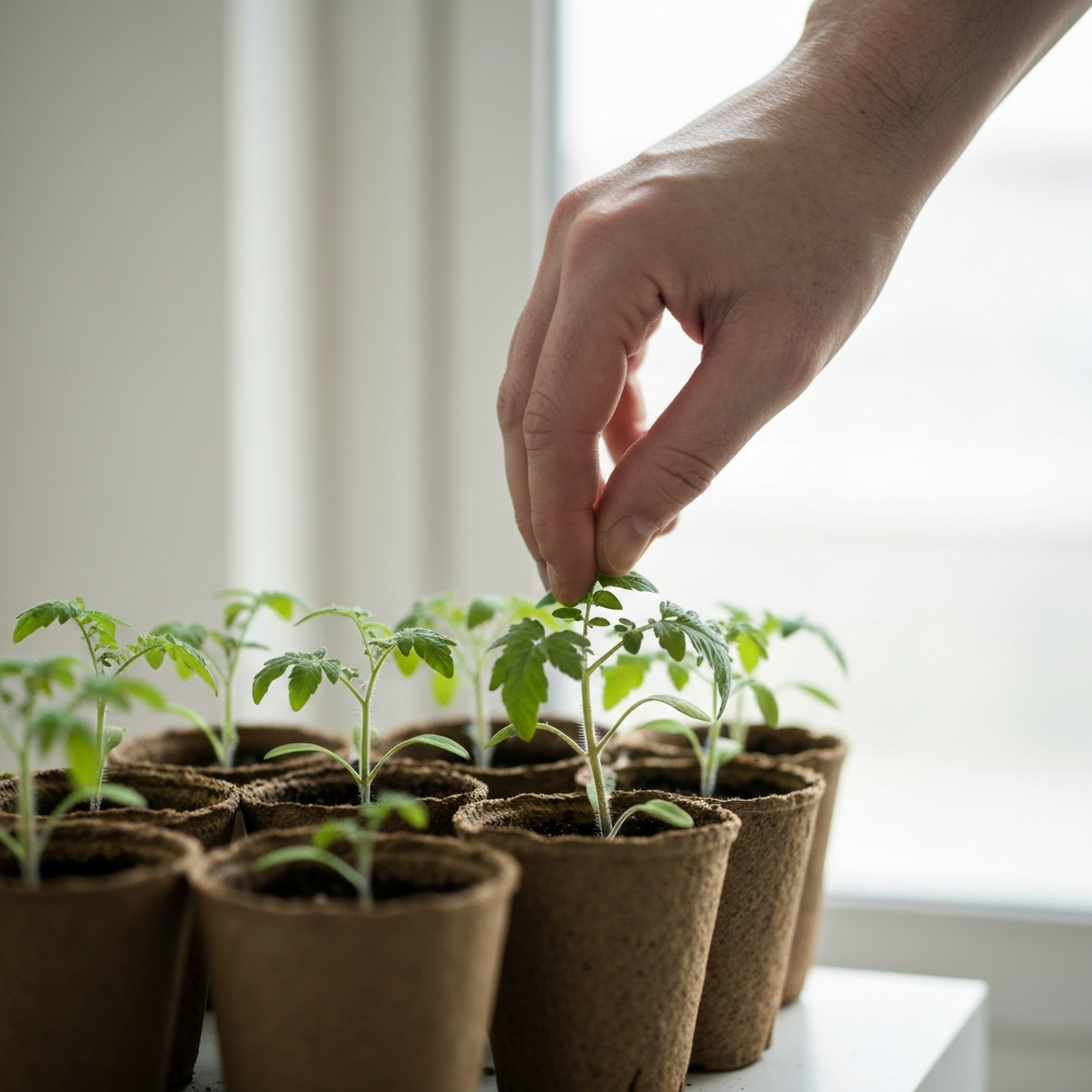 Close-up of a hand carefully examining tomato seedlings in small peat pots, bathed in soft, diffused light. Focus on the healthy green leaves and the texture of the soil.