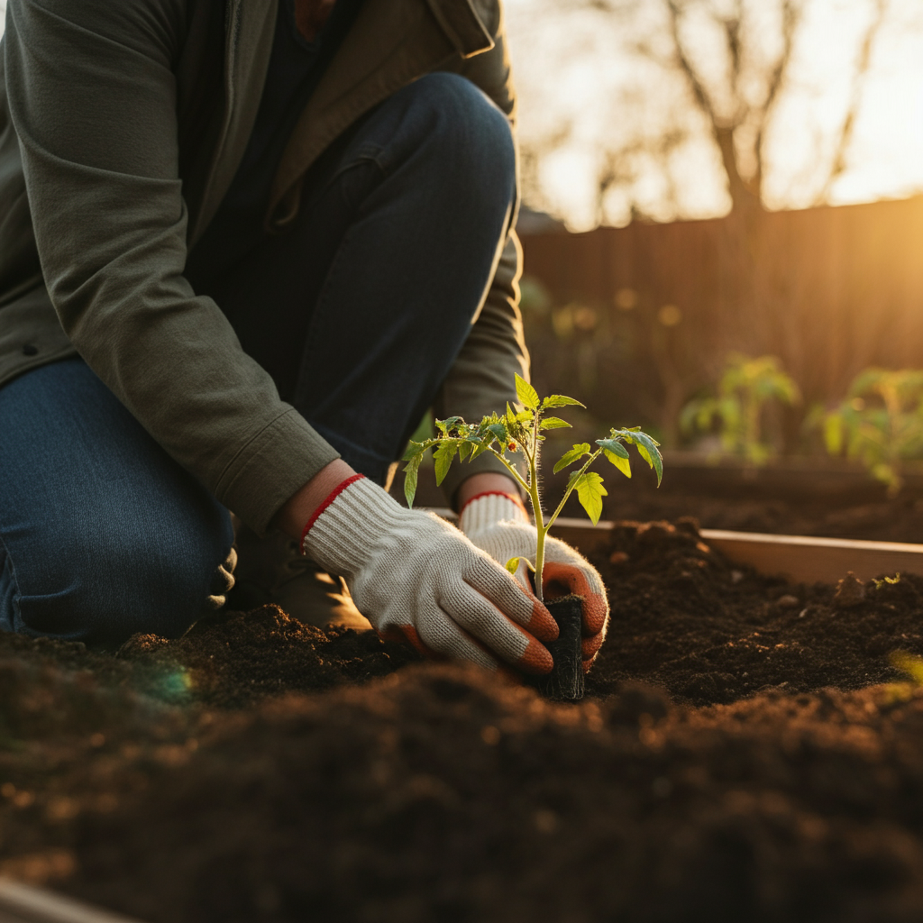 A gardener kneels beside a raised garden bed, carefully planting a tomato seedling. The sun is setting, creating warm, golden hour lighting. The focus is on the act of planting and the gentle handling of the seedling.