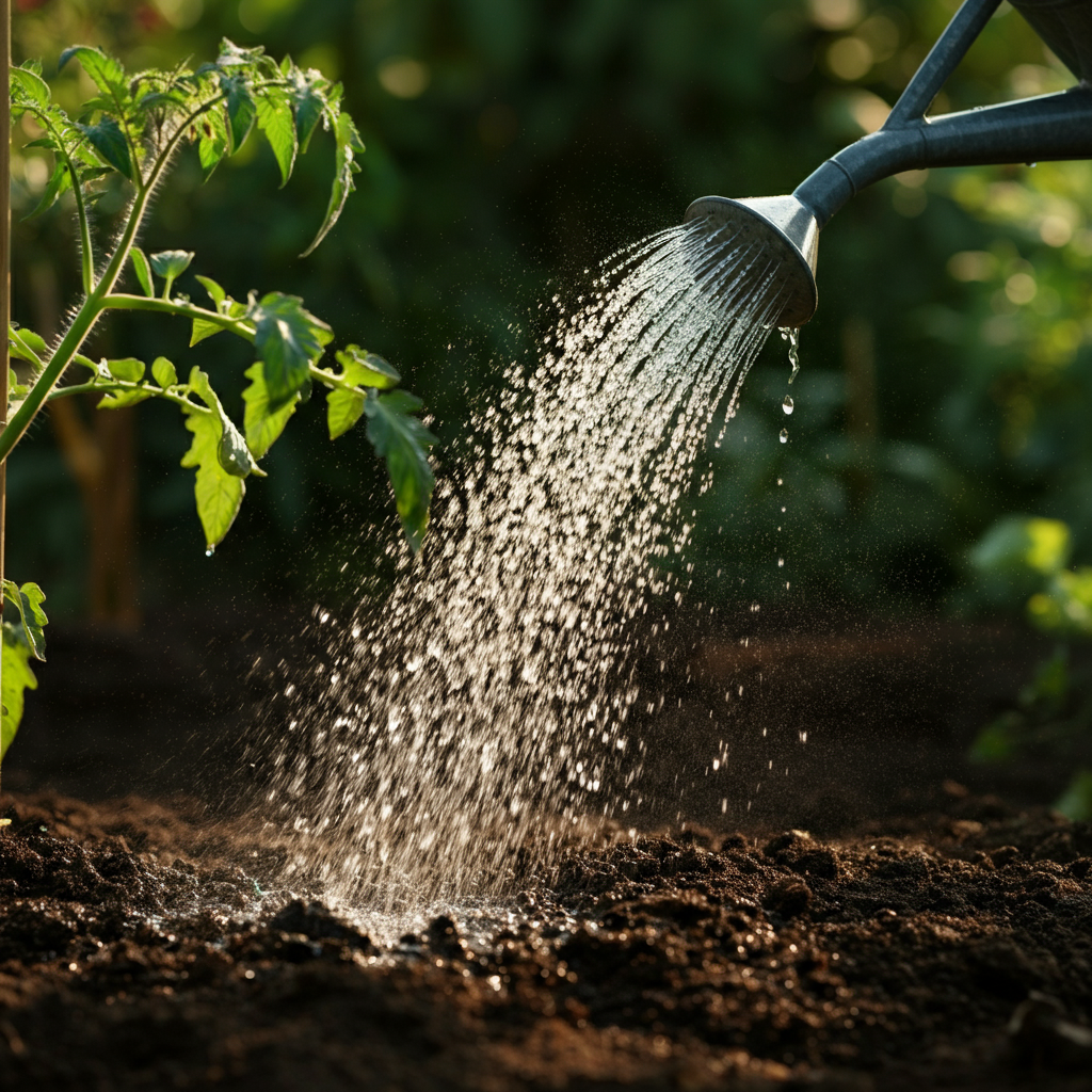A watering can gently pours water onto the base of a tomato plant. The droplets of water glisten in the sunlight. The background is blurred, emphasizing the act of watering.