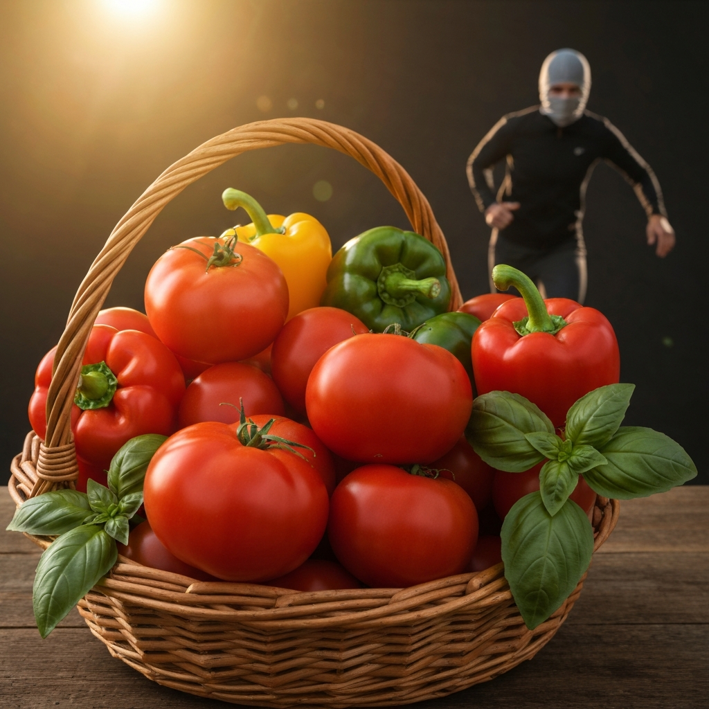 A basket overflowing with ripe red tomatoes, green bell peppers, and fresh basil. The scene is brightly lit, showcasing the colors and textures of the harvested vegetables.