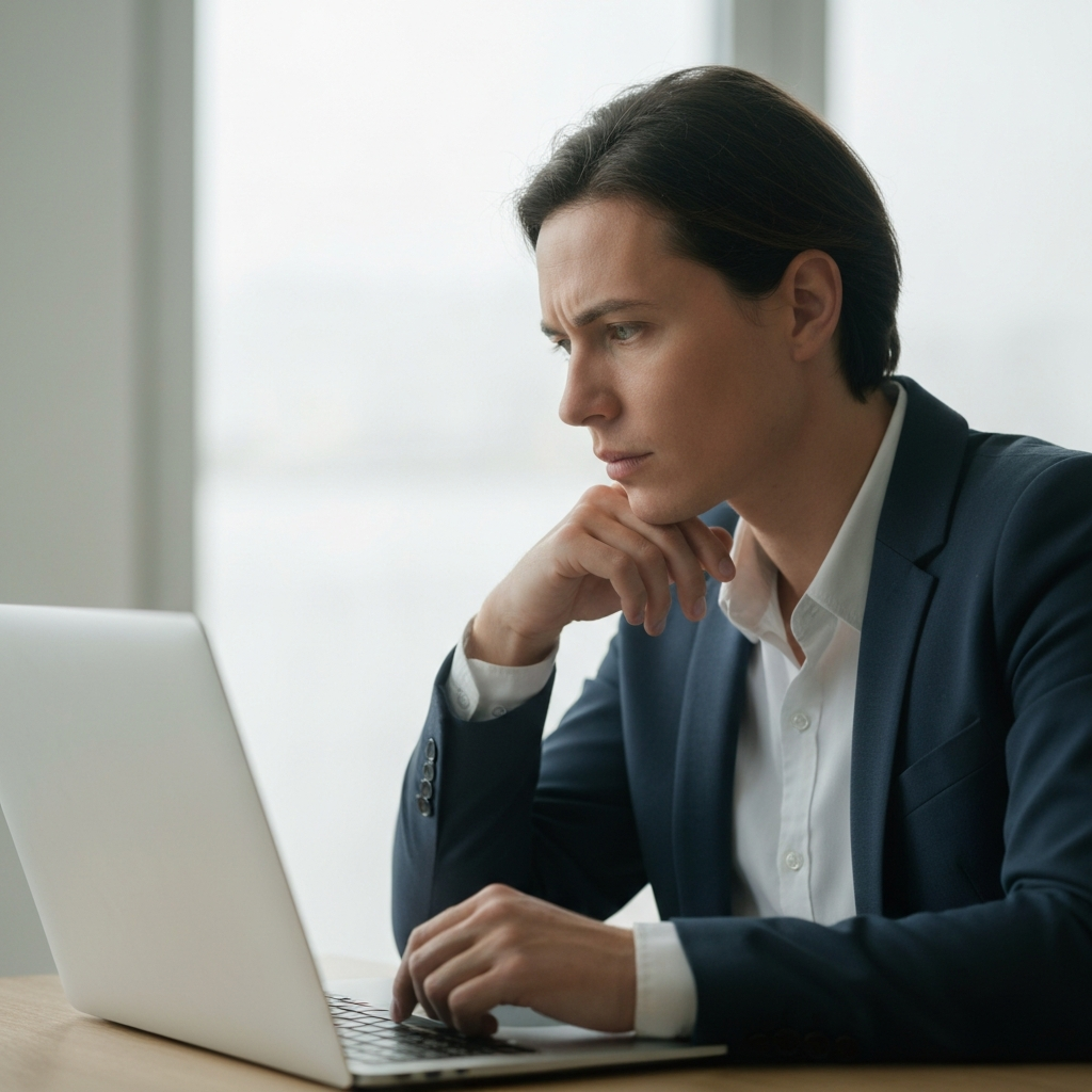 A concerned owner looking at their pet with thoughtful expression, considering airline tickets displayed on a laptop in soft daylight.