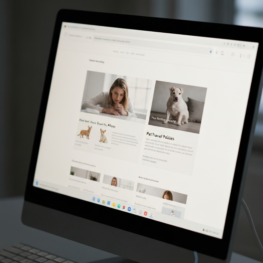 Close-up of a computer screen showing airline website with pet travel policies, lit by the screen's glow.