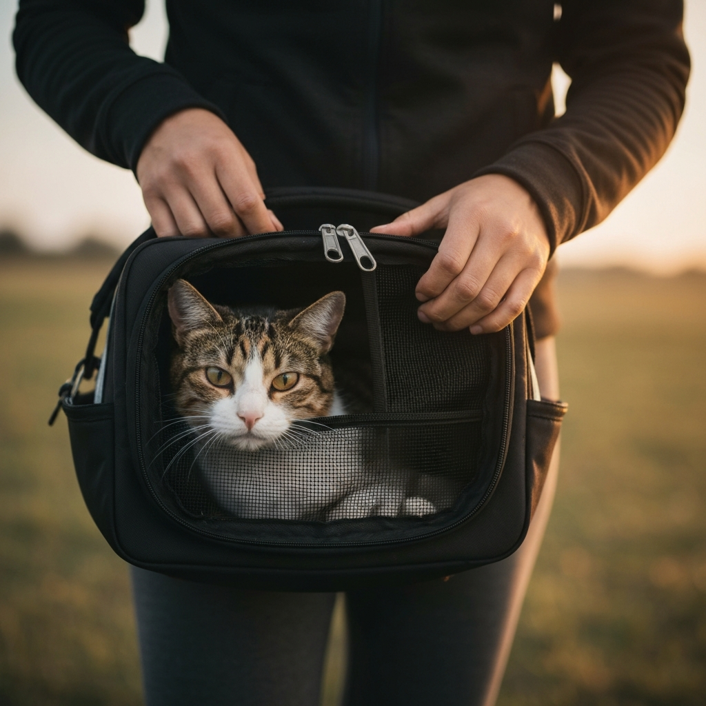 A person's hands zipping up a soft-sided pet carrier, with a cat comfortably nestled inside, photographed in soft, diffused lighting.