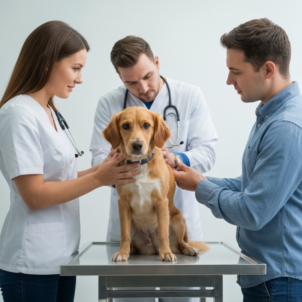 A veterinarian examining a dog on an examination table in a brightly lit clinic, with the owner standing nearby, focused through a shallow depth of field.