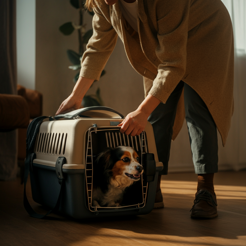 A dog happily entering a pet carrier in a sunny living room, side-lit with warm tones.