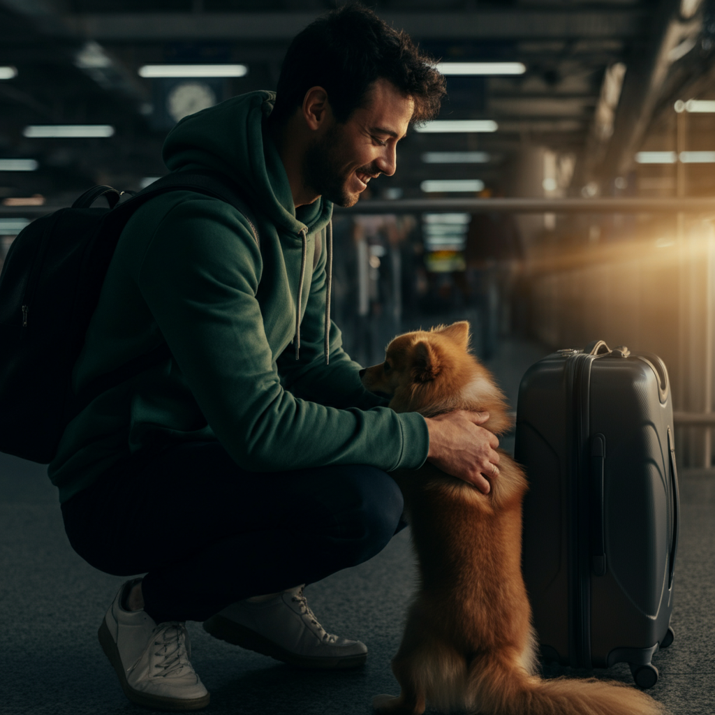 A happy owner greeting their pet at the baggage claim, backlit with natural light, creating a sense of warmth and relief.