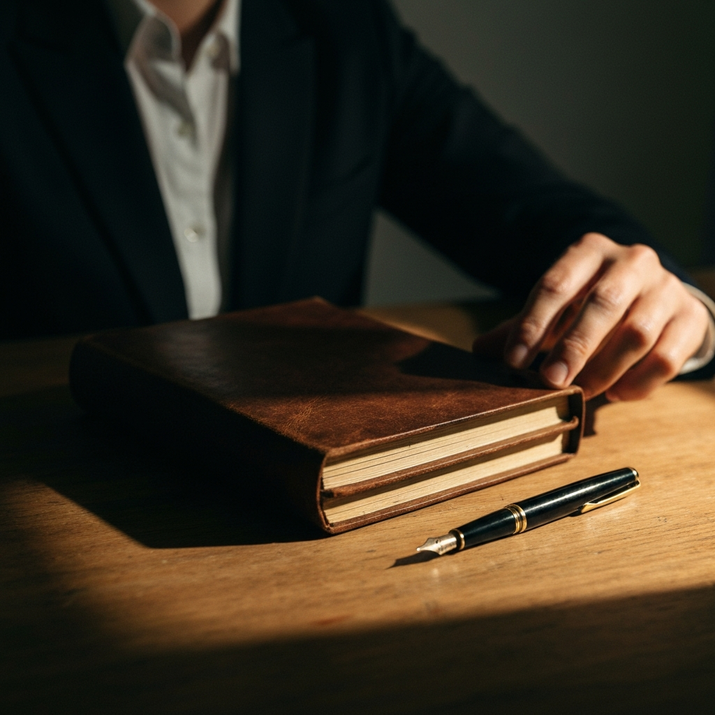 Close-up shot of a worn, leather-bound journal and a fountain pen on a rustic wooden desk. Soft, warm lighting casting long shadows.