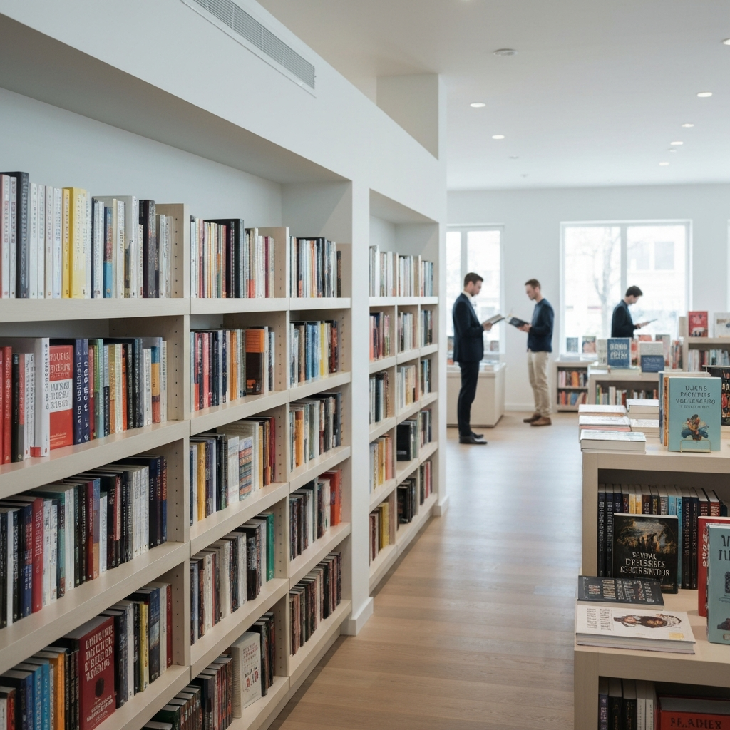 A bright, airy bookstore with shelves filled with books on spirituality, mindfulness, and personal growth. Soft bokeh in the background showing other readers browsing.