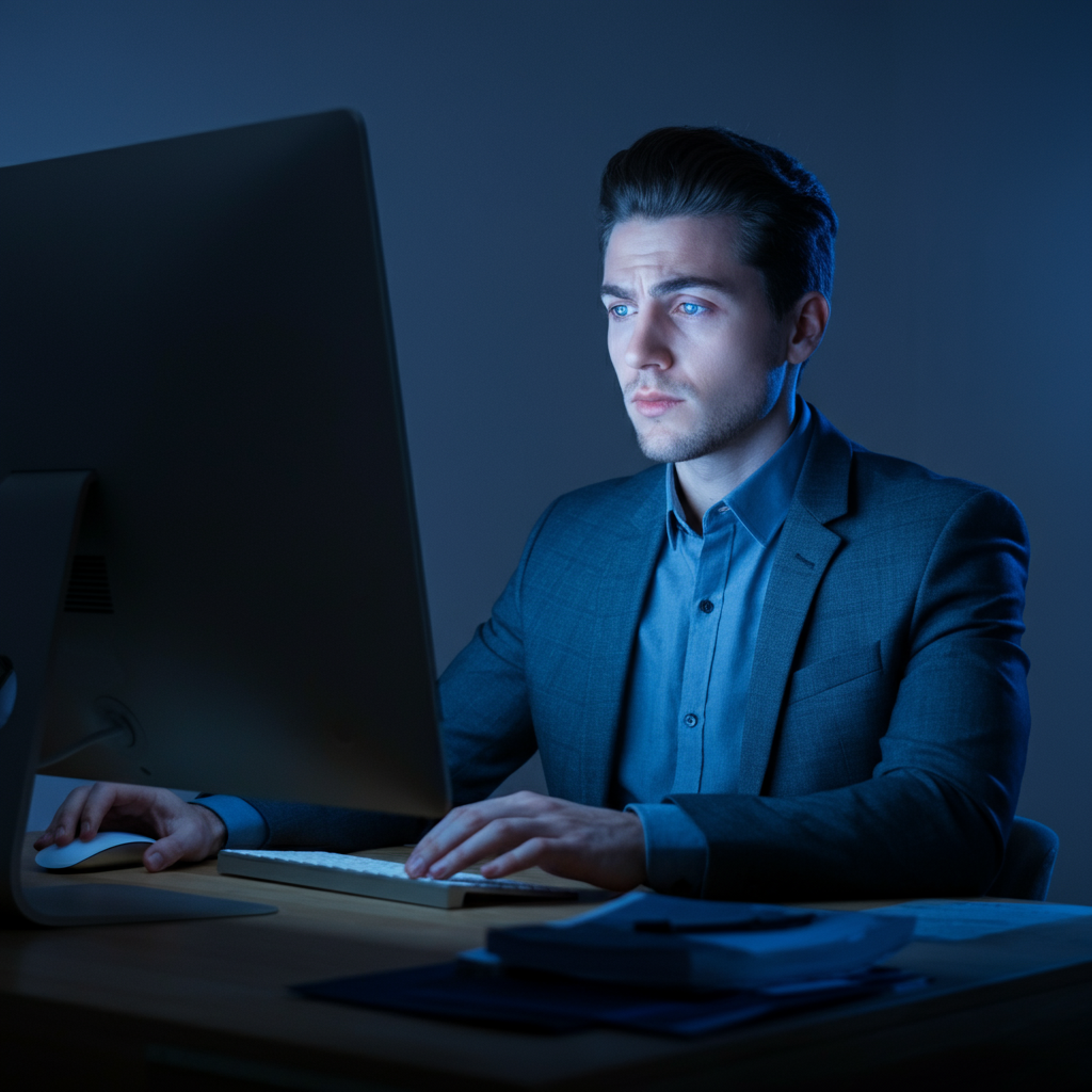 A person sitting at a desk, bathed in the blue light of a computer screen. They are participating in an online forum discussion, with a focused and contemplative expression.