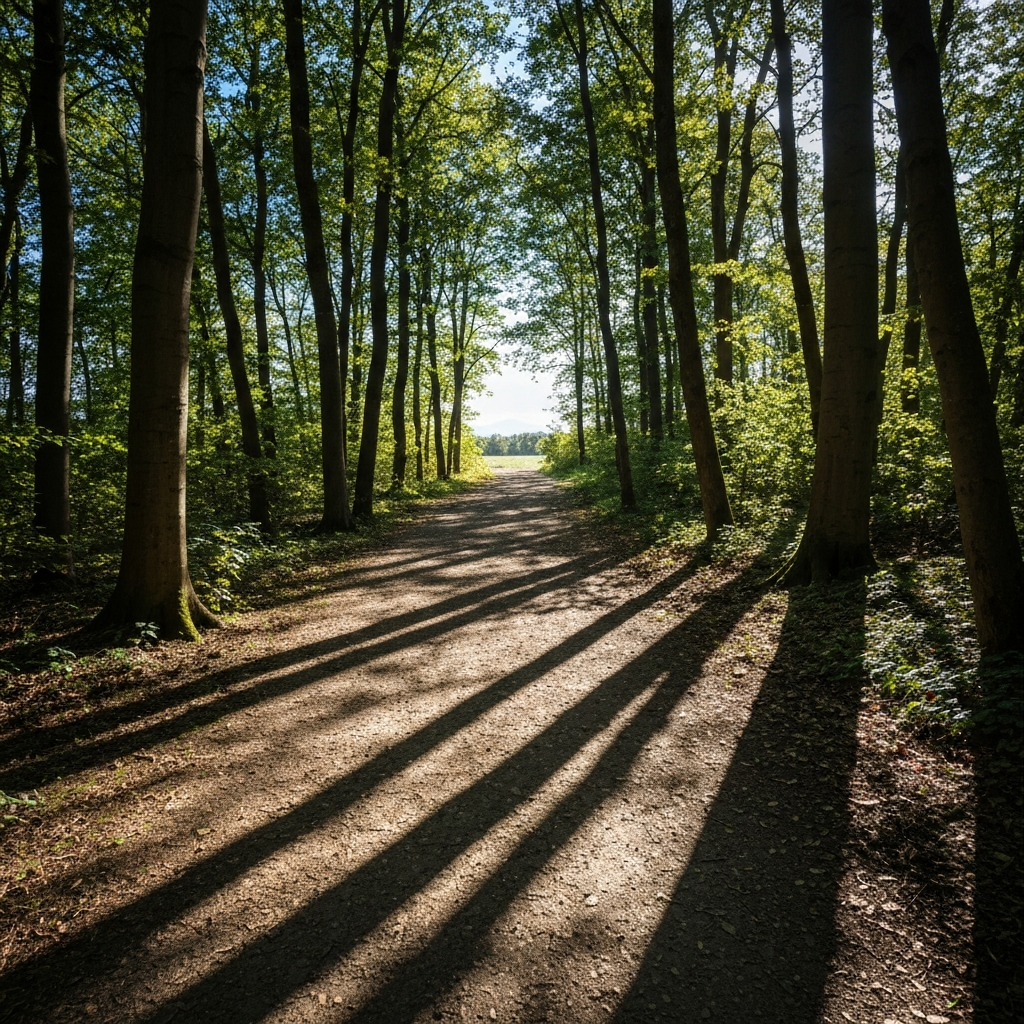 A winding path through a forest, bathed in sunlight. The path leads towards a clearing, symbolizing the journey of finding your spiritual tribe.