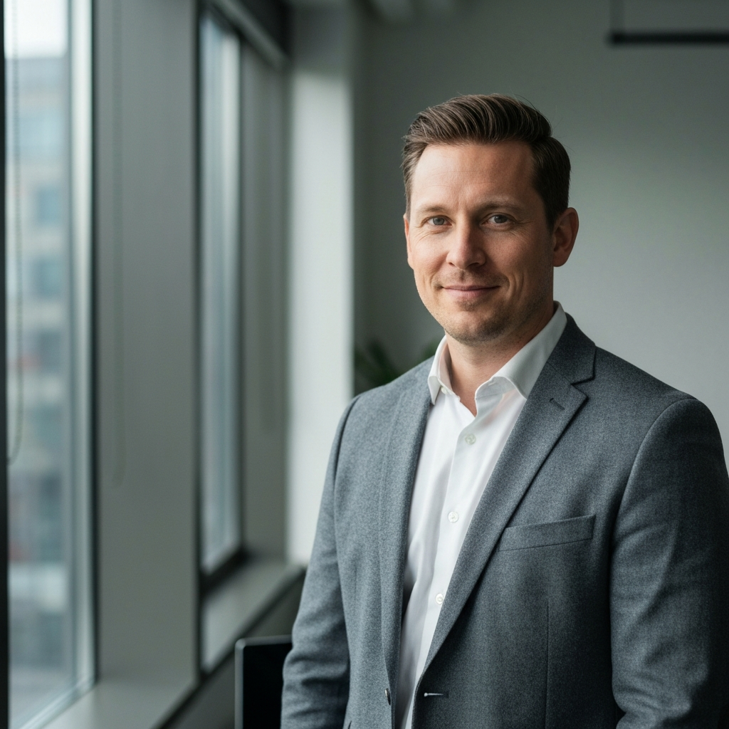 Man standing confidently in a modern office. Soft, diffused light from a nearby window illuminates his face. He's wearing a well-fitted blazer and a subtle smile. Background is blurred with a soft bokeh.