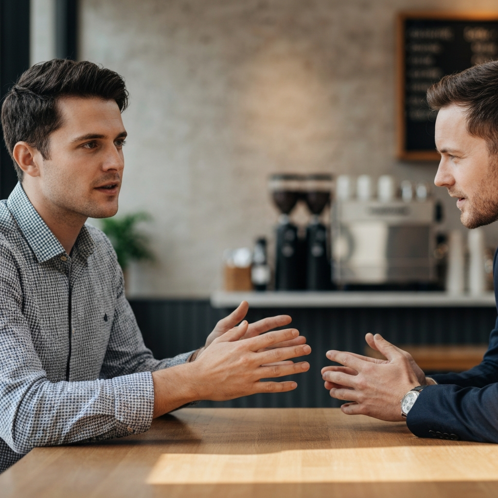 Two people sitting at a cafe table, deeply engaged in conversation. Warm, natural light fills the space. The focus is on their hands gesturing as they speak. The background is a blurred coffee shop with soft textures.