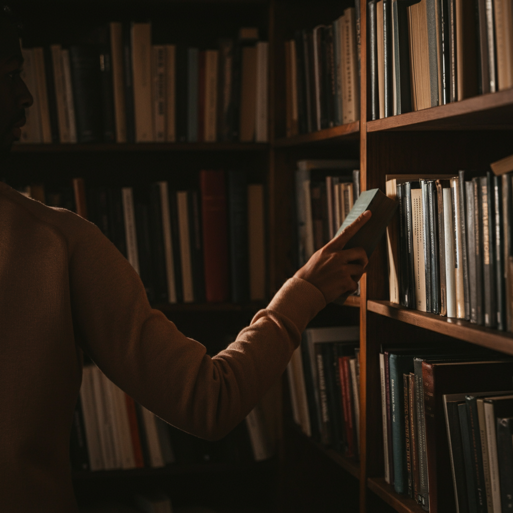 A well-stocked bookshelf with varied textures and colors. Soft side-lighting highlights the spines of the books. A hand reaches out to select a volume. Focus is on the tactile feel of the book and the rich colors of the shelf.