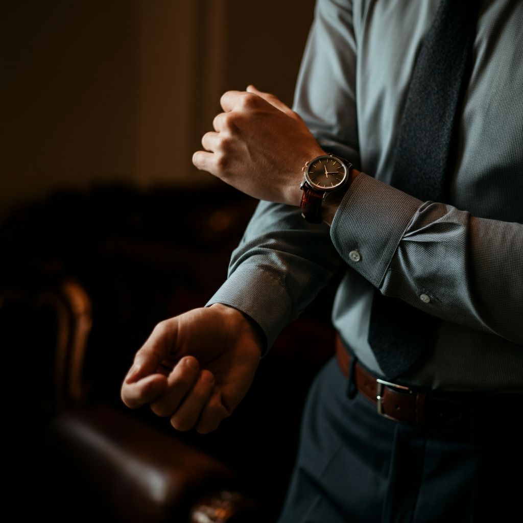 A man adjusting the cuff of his shirt sleeve in a dimly lit room. Soft, directional light highlights the texture of the fabric and the detail of the watch on his wrist. Background is a blurred, sophisticated interior.