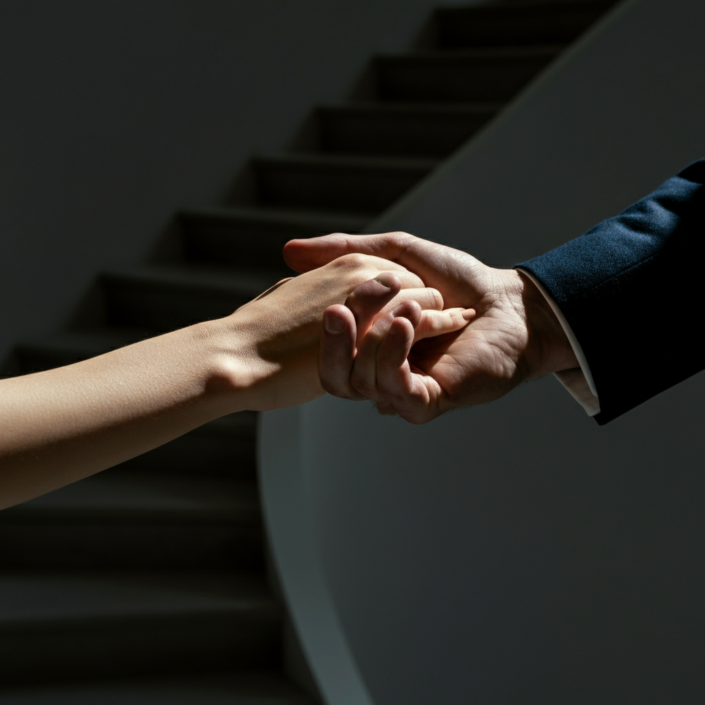 A close-up shot of two people's hands intertwined. Soft, diffused light illuminates the textures of their skin. The background is blurred to emphasize the connection between them.