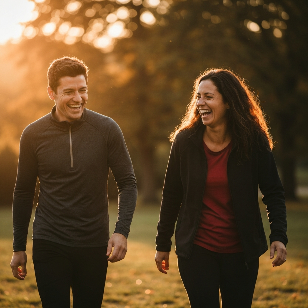 Two people laughing together while walking in a park. Golden hour lighting creates a warm, inviting atmosphere. The focus is on their expressions and the blurred background of trees and foliage.