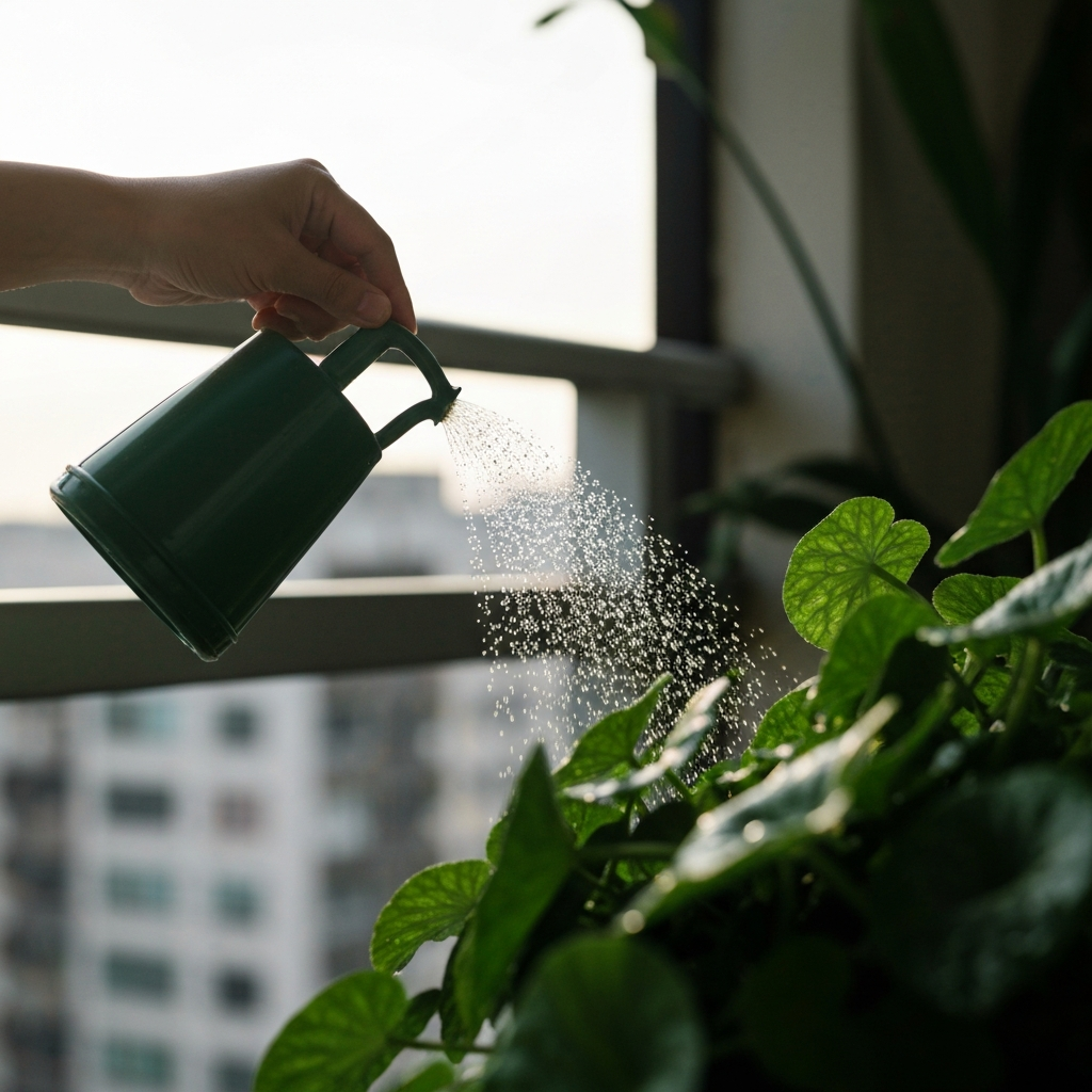 A tranquil scene of someone watering plants on a balcony. Soft morning light illuminates the greenery. Focus is on the water droplets and the texture of the leaves. The background is a blurred cityscape.