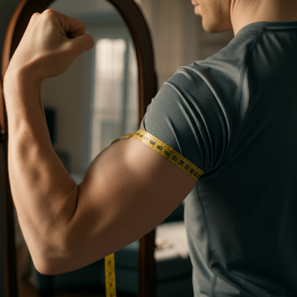 A well-lit living room. A person in athletic attire stands in front of a mirror, measuring their bicep with a measuring tape. Soft natural light streams in from a nearby window, casting subtle shadows. Focus on the texture of the measuring tape and the reflection in the mirror.