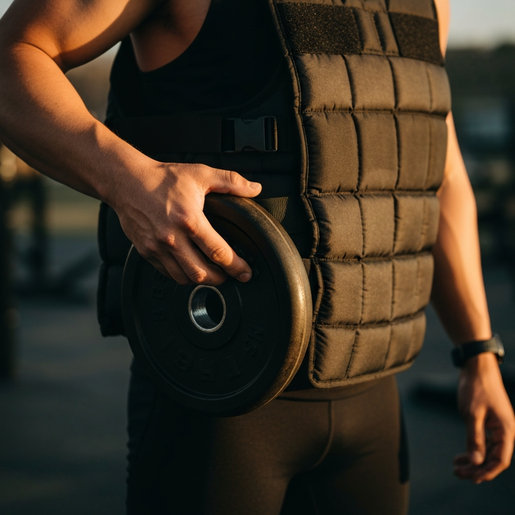 Close-up shot of a person's hand adding a weight plate to a weighted vest. The focus is on the texture of the weight plate and the stitching of the vest. Soft, directional light highlights the details.