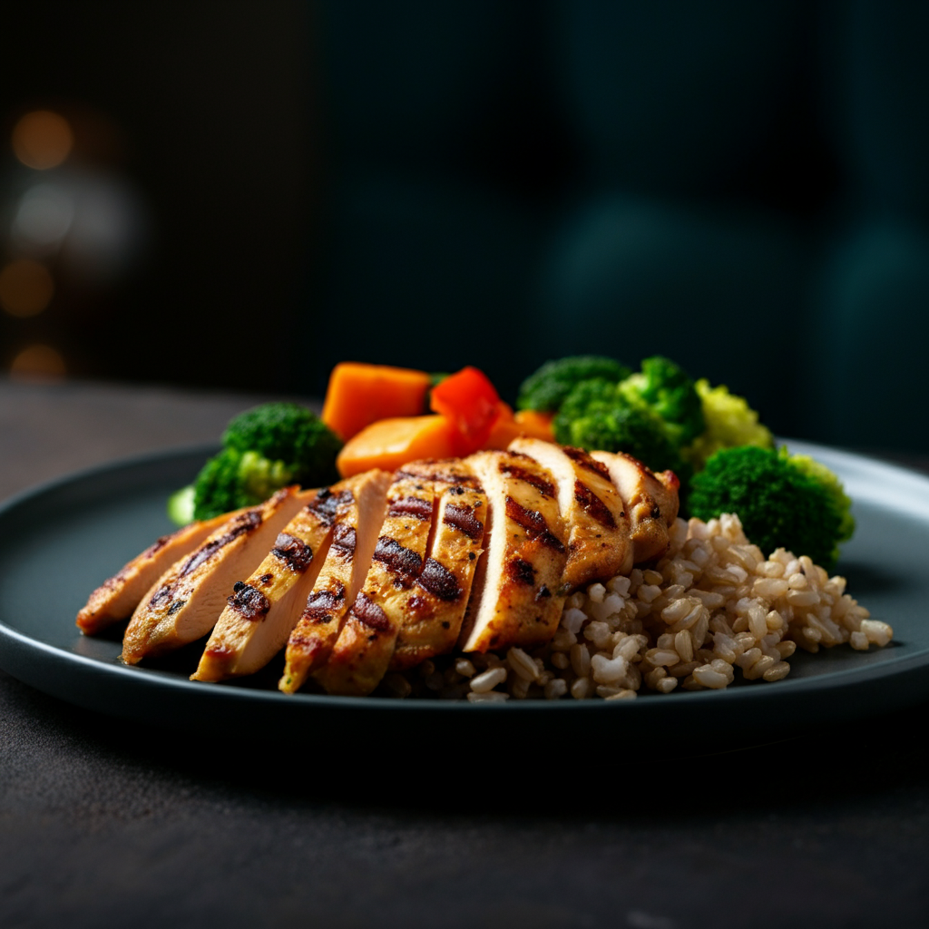 A close-up shot of a plate filled with grilled chicken, brown rice, and steamed vegetables. The lighting is bright and appetizing, emphasizing the colors and textures of the food. Shallow depth of field to blur the background.