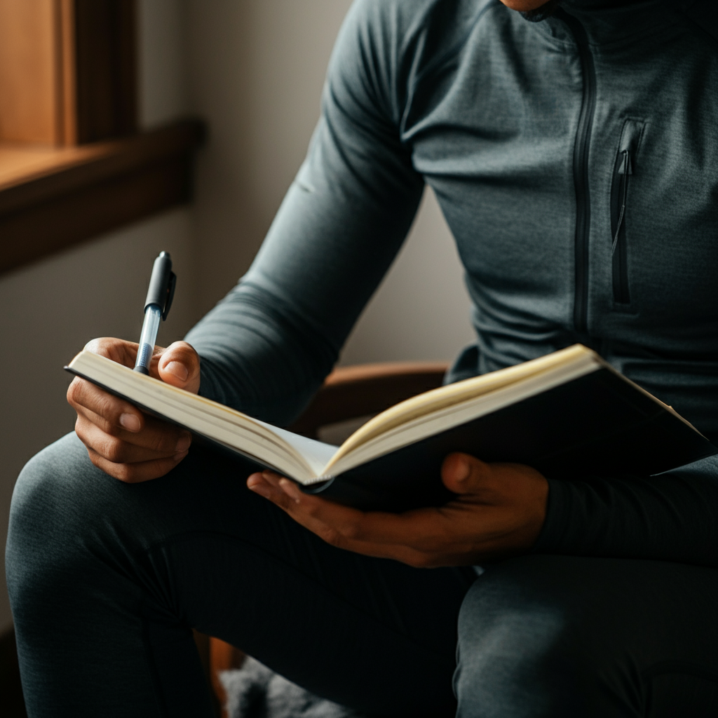 A person reviewing a workout journal in a bright, organized home office. Soft daylight illuminates the pages of the journal and the person's focused expression. Pen in hand suggests careful planning.