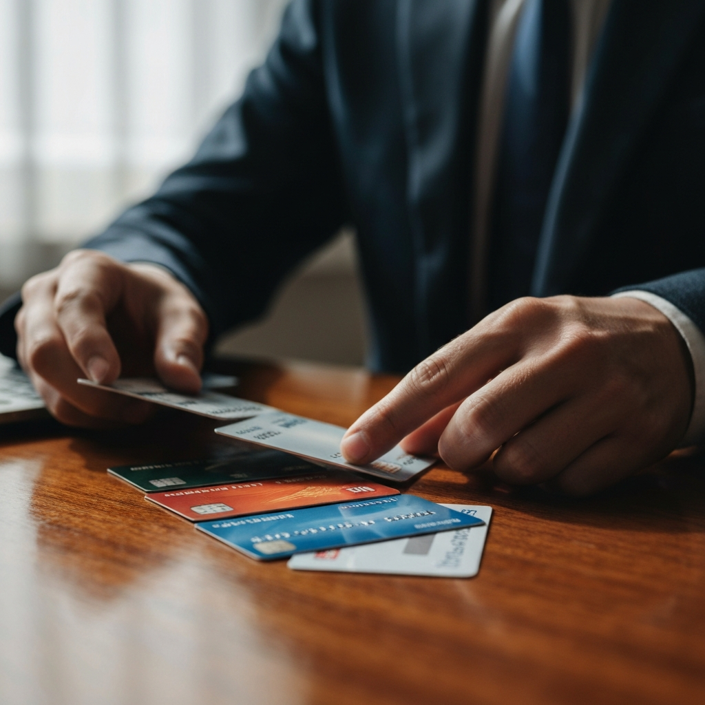 Close-up shot of various travel credit cards fanned out on a polished wooden desk. Soft, diffused natural light entering from a window on the left, highlighting the card details. A hand is reaching for a card in the foreground, slightly blurred.
