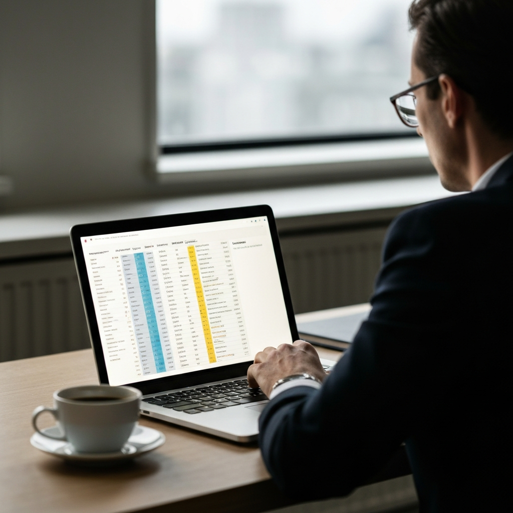A person sitting at a laptop in a well-lit office, reviewing an airline award chart on the screen. The laptop screen emits a soft glow, illuminating the face. A cup of coffee sits beside the laptop, slightly out of focus. The office background is clean and professional.