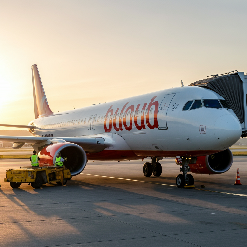 Exterior shot of a budget airline airplane parked at an airport gate. Golden hour lighting bathes the plane in warm light, creating long shadows. The tarmac is clean and well-maintained. Airport staff are visible in the background, attending to the aircraft.