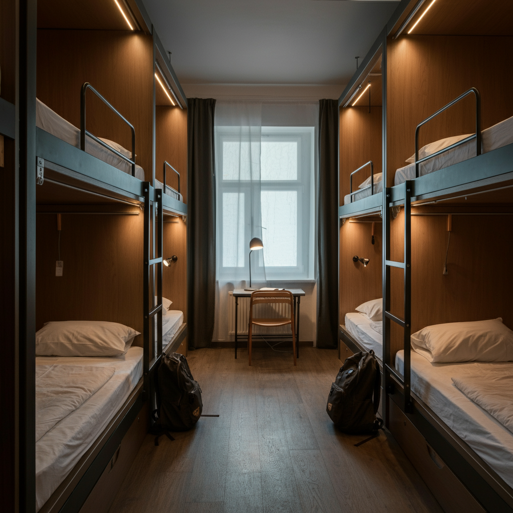 Interior of a clean and modern hostel dorm room. Bunk beds are neatly made with fresh linens. Soft, ambient lighting illuminates the room. Backpacks are placed tidily under the beds. A window with natural light is visible in the background.