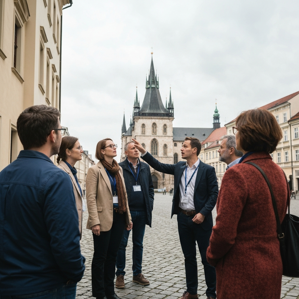 A group of tourists participating in a free walking tour in a historic European city. The guide is gesturing towards a landmark building. Soft, overcast lighting provides even illumination. The tourists are dressed casually and comfortably.