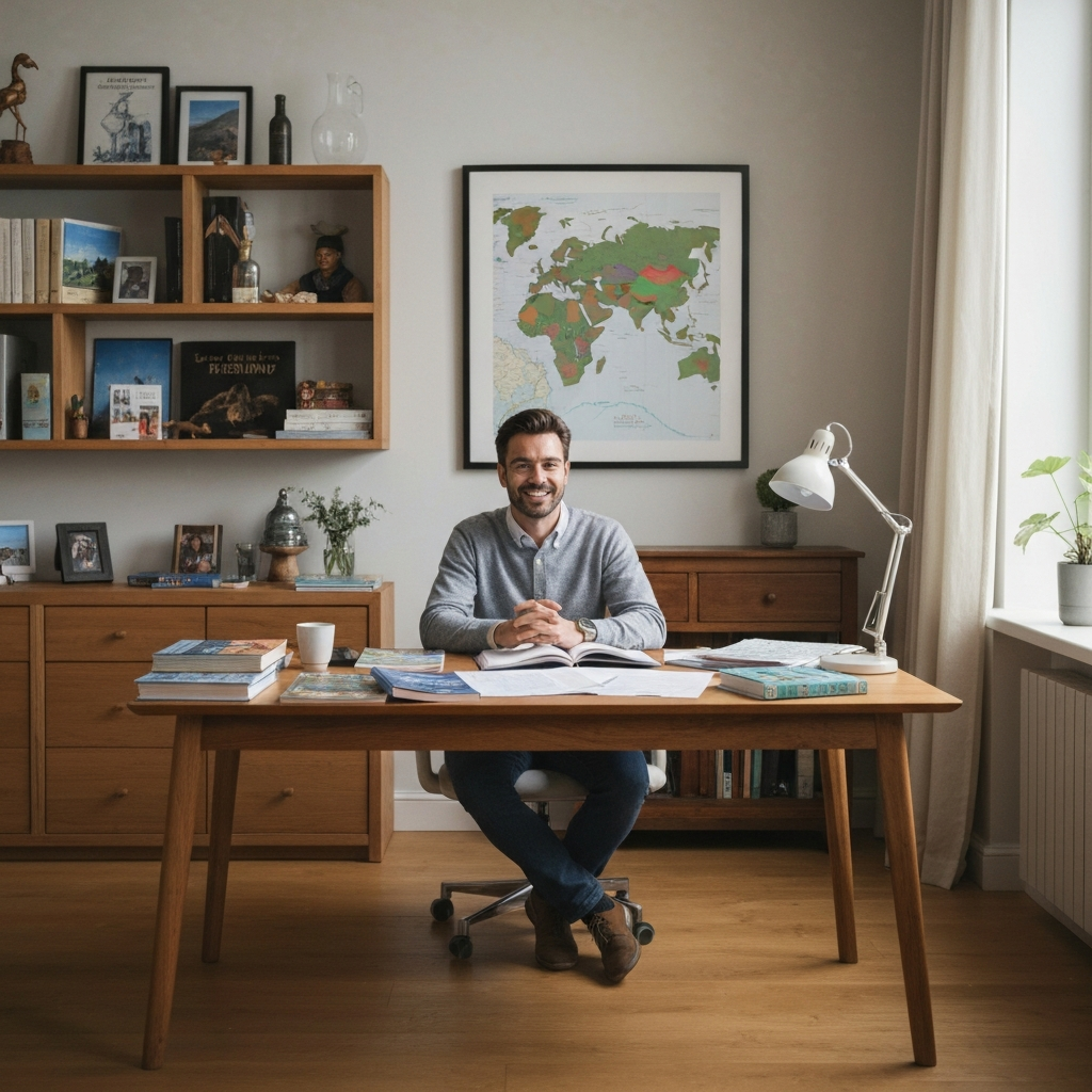 A person sitting at a desk, surrounded by travel guidebooks and maps, participating in a video call with other travel enthusiasts. The room is warmly lit and filled with travel memorabilia. The person is smiling and engaged in the conversation.