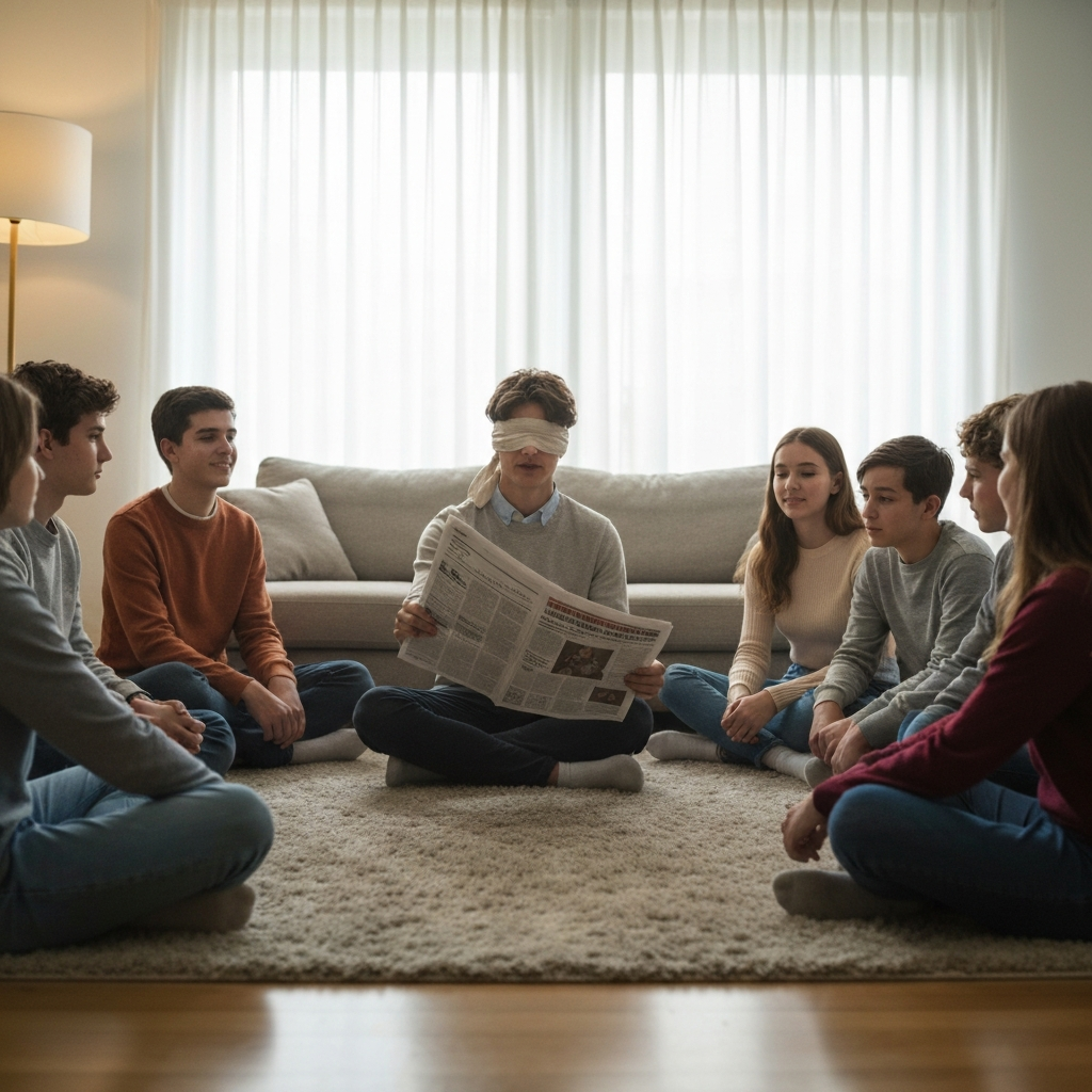 A warmly lit living room. Eight teenagers sit cross-legged in a circle on a plush rug. One teen in the center, blindfolded, reaches out with a newspaper, slightly blurred focus on the blindfolded teen, soft bokeh on the faces in the circle.