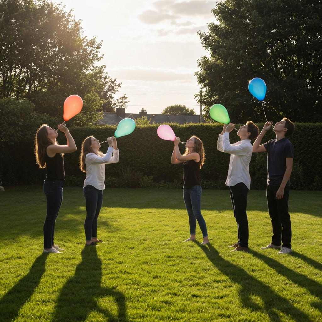 A large, open backyard with lush green grass. Three pairs of teenagers stand several feet apart, each pair intently focused on blowing a balloon upwards. Natural golden hour lighting casts long shadows, emphasizing the action.