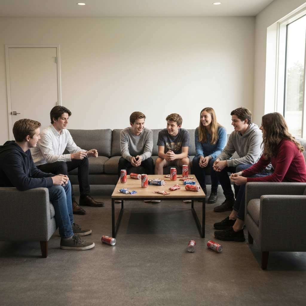 A comfortable den with soft lighting. Seven teenagers are sitting on couches and chairs, engaged in a game of "Never Have I Ever." Candy wrappers and empty soda cans are scattered on a nearby coffee table. The focus is on the storytelling and shared laughter.