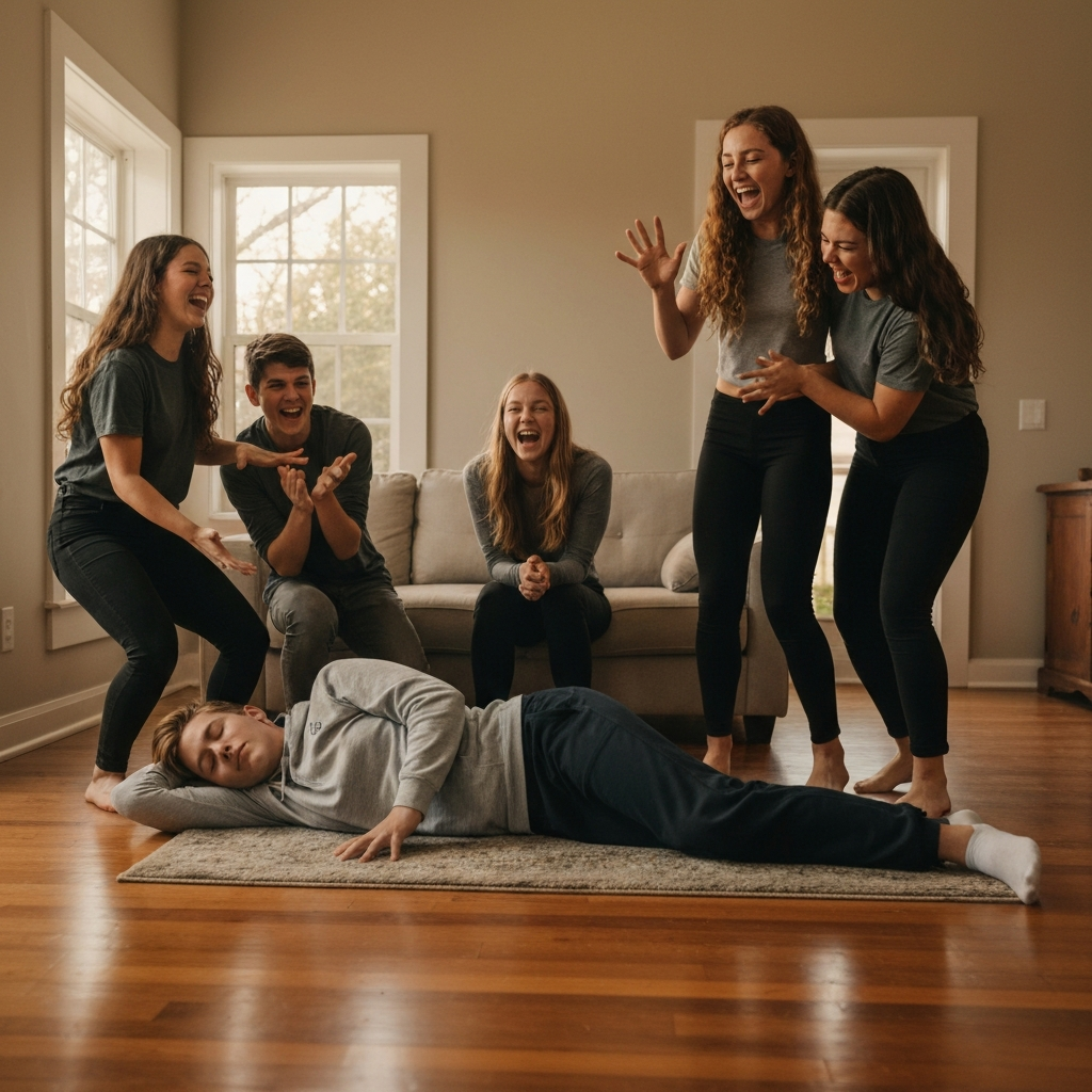A spacious living room with hardwood floors. One teenager is lying down on a rug, eyes closed, pretending to sleep. Four other teenagers are gathered around, attempting to make them laugh with exaggerated gestures and funny faces. Natural light streams through a large window.