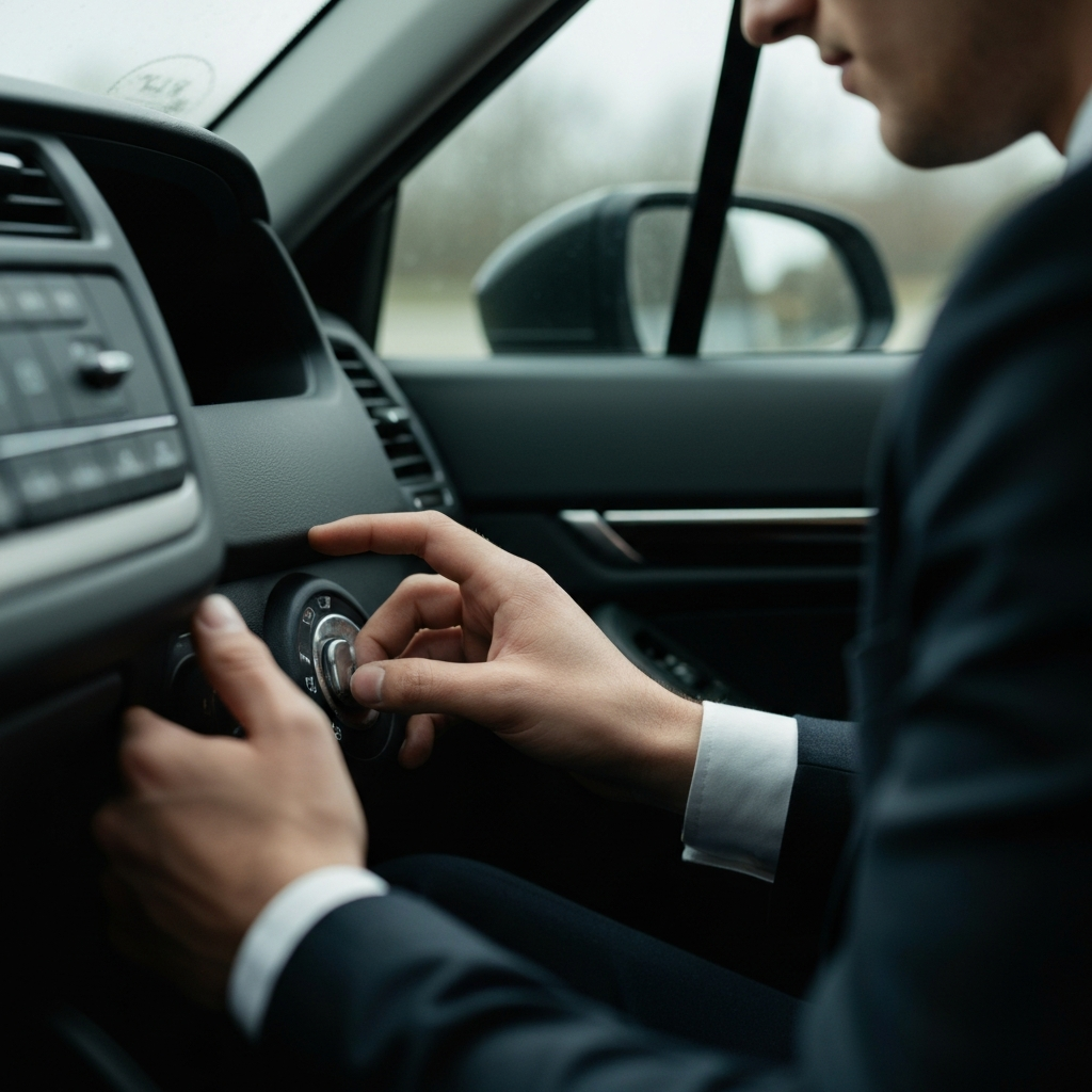 Close-up of a car dashboard with a hand near the ignition, soft lighting, shallow depth of field.