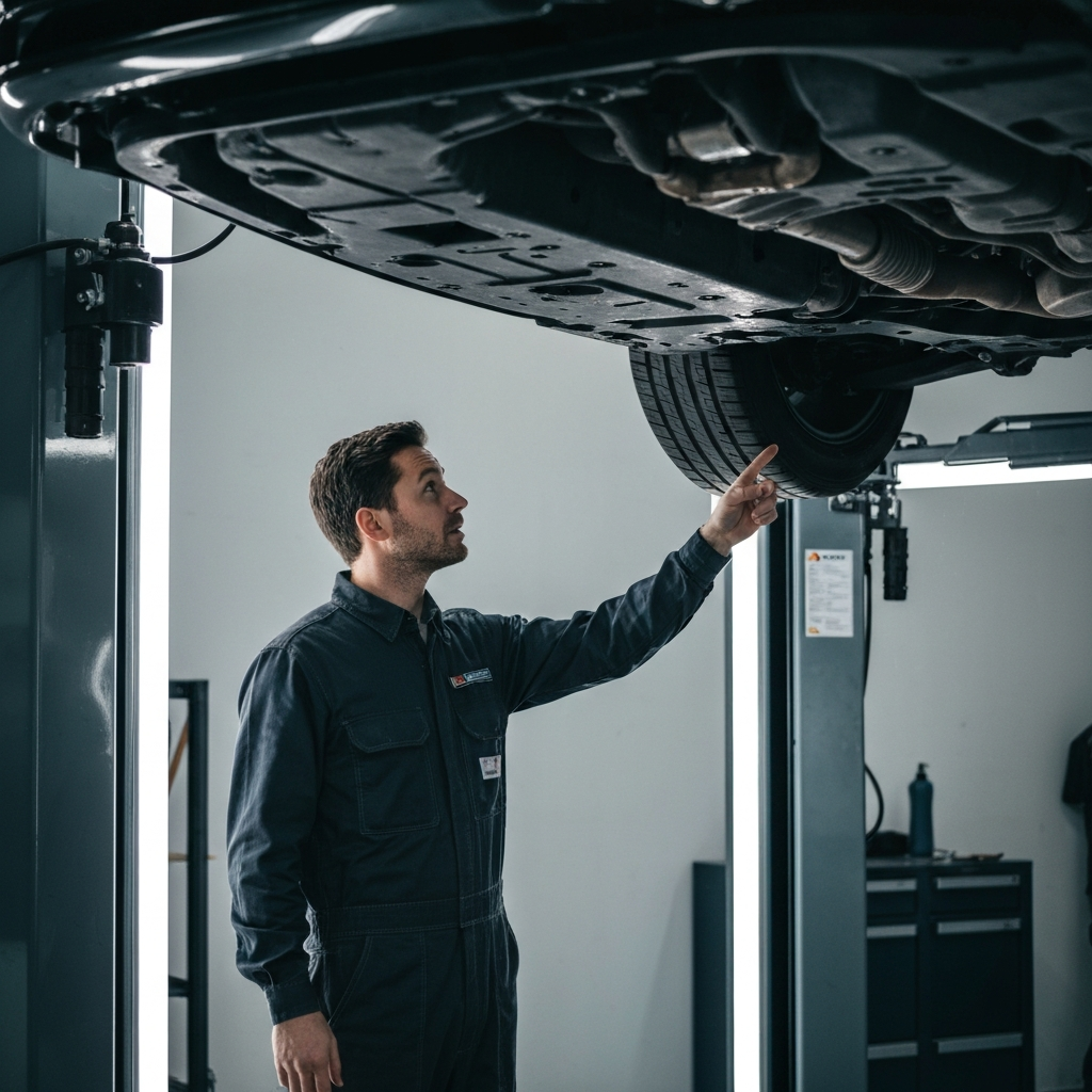 A person in a garage, professionally dressed in workwear, pointing towards the underside of a car on a lift, medium shot with focused lighting.