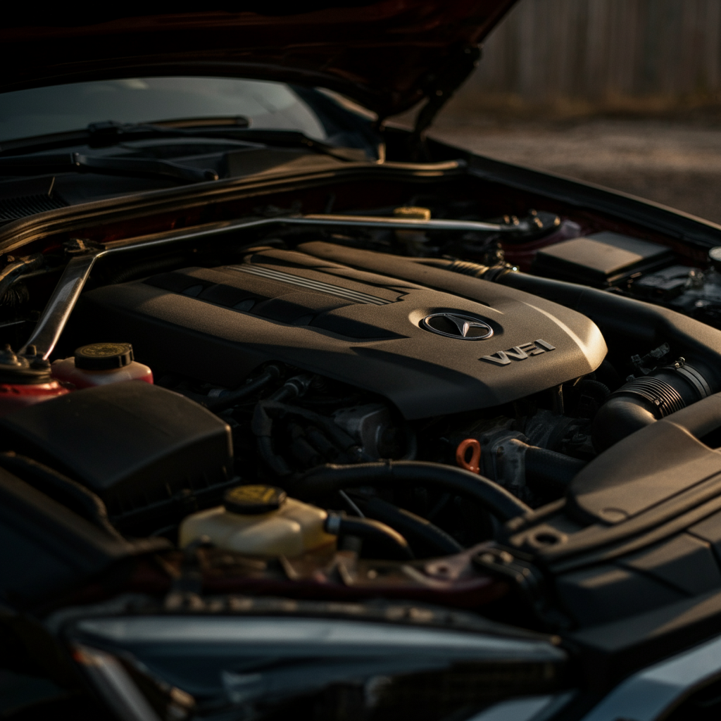 View of an open car engine bay, side-lit with soft shadows, showing various components and fluid reservoirs.