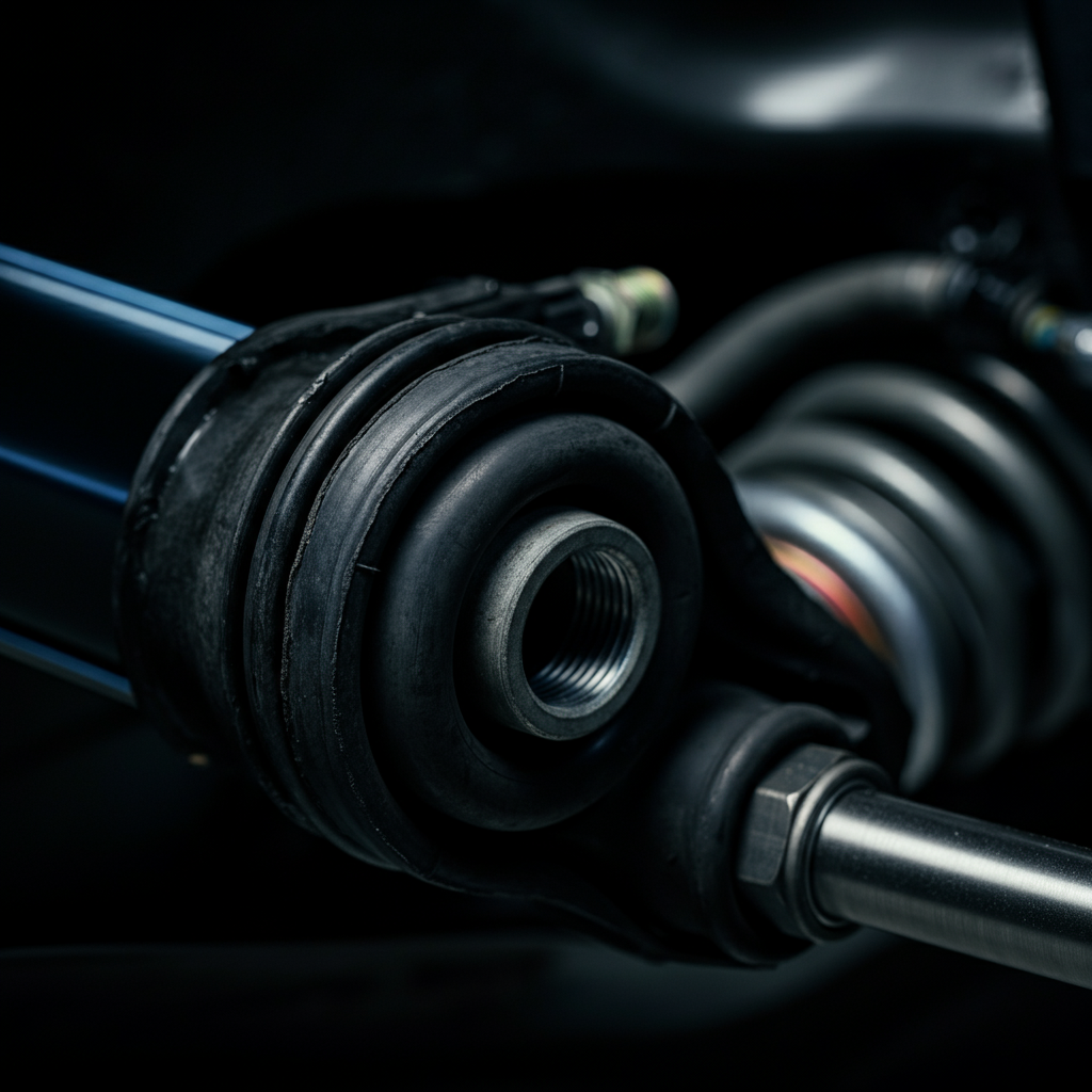 Close-up of a car's suspension system, showing the strut, spring, and control arm. Focus is on the rubber bushings and their texture.