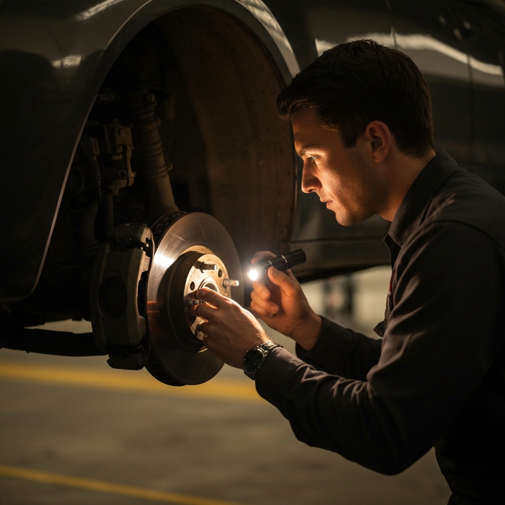 A mechanic inspecting a car's brake rotor and caliper, using a flashlight to highlight the surface condition. Golden hour lighting coming through the garage door.