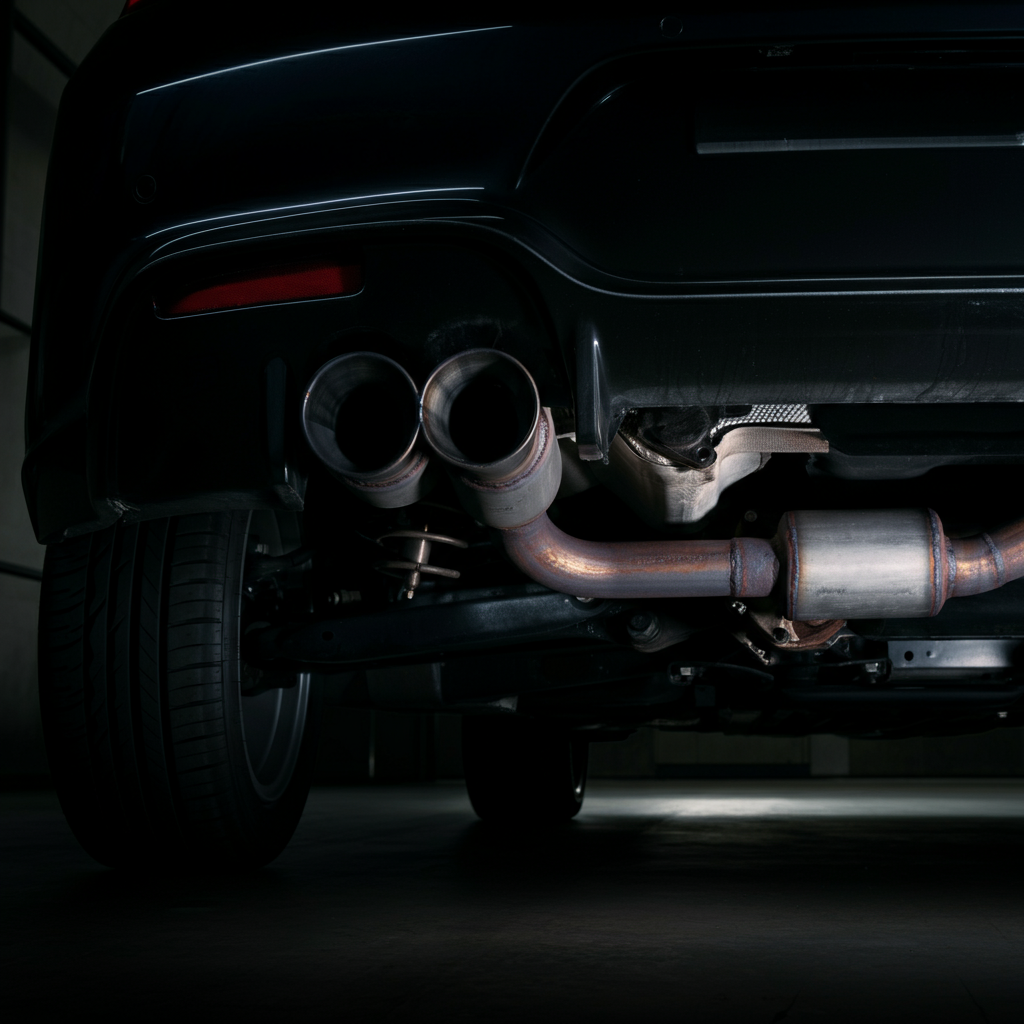The undercarriage of a car, focusing on the exhaust system. The image is dark, but a spotlight highlights a rusty section of the exhaust pipe.