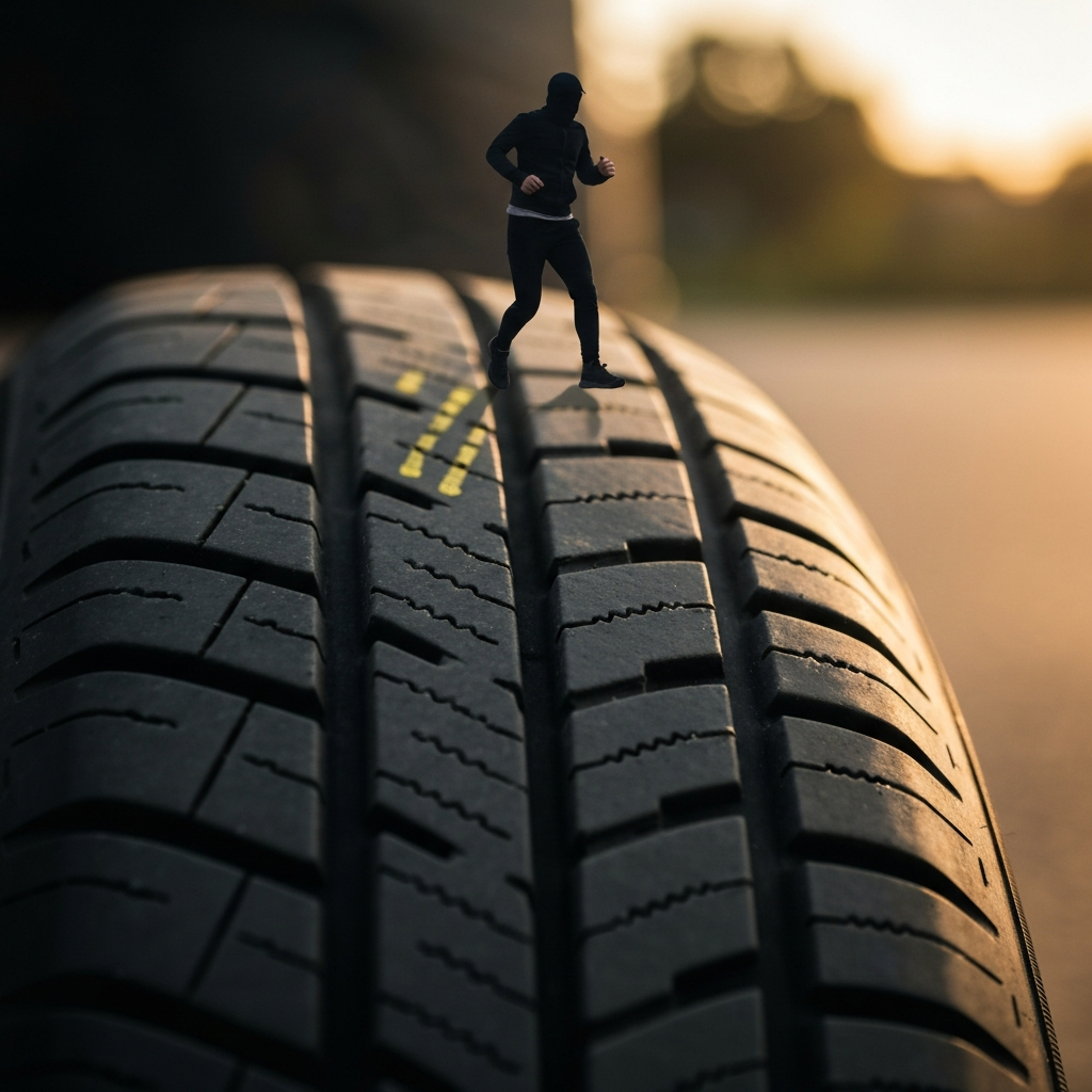 Close-up of a car tire's tread pattern, showing wear indicators and surface texture. Soft, diffused lighting.