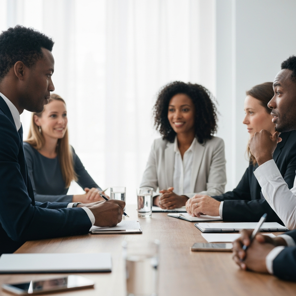 A diverse group of professionals sits around a conference table, engaging in an active discussion. Soft, diffused light fills the room, highlighting the various textures of the table and the participants' clothing. The focus is on the expressions of engagement and understanding on their faces. The background has a soft bokeh effect.