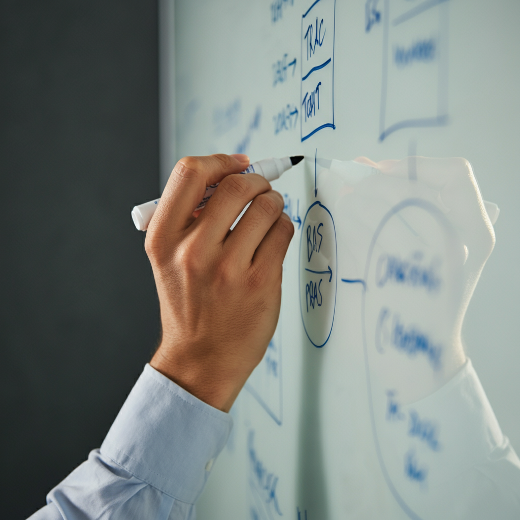A close-up shot of a person writing notes on a whiteboard in a brightly lit office. The whiteboard contains bullet points and diagrams. The marker has a strong texture against the surface. The person's hand is clearly visible, and the lighting is crisp and direct.