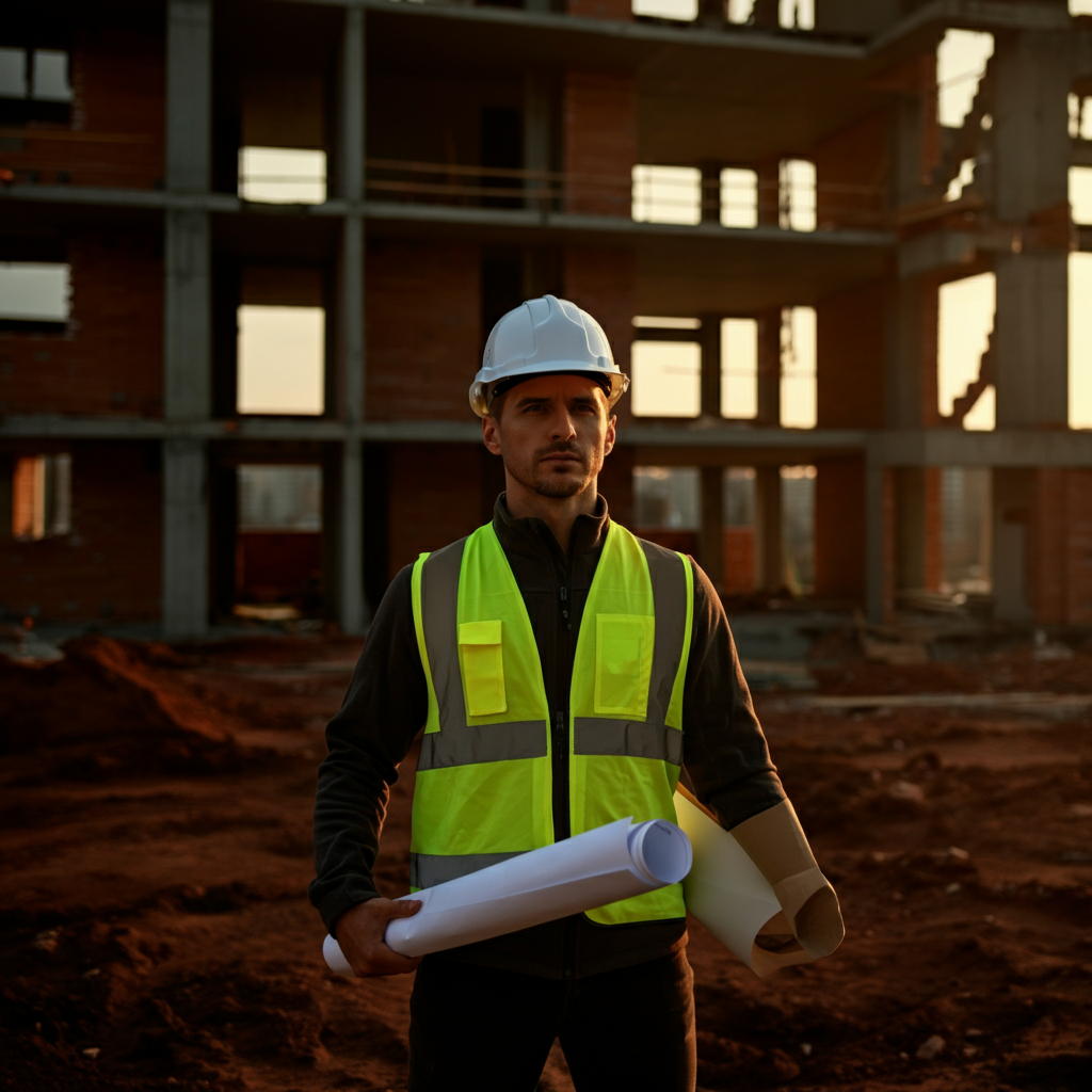 An architect stands in front of a partially constructed building, holding blueprints. The golden hour light casts long shadows and highlights the texture of the brick and steel. The architect is wearing a hard hat and a reflective vest, giving a sense of purpose and authority.