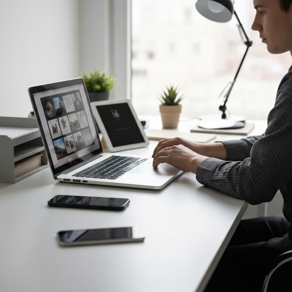 A person works at a clean, modern desk with a laptop, tablet, and smartphone. The desk is organized, and natural light streams in from a nearby window, illuminating the gadgets' displays. The scene is clean and professional, with a soft, shallow depth of field.