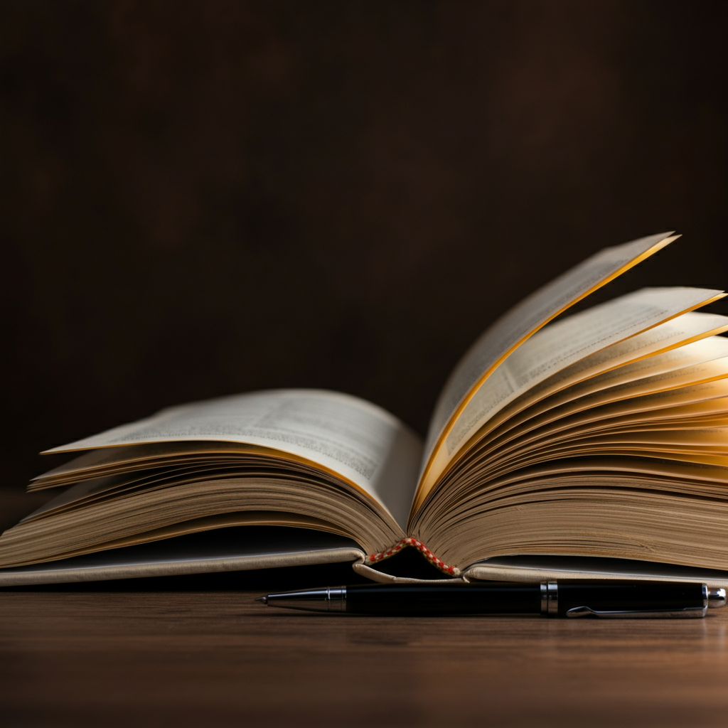 A close-up of an open book on a wooden desk, bathed in warm, inviting light. The pages are crisp and white, and the text is clear and easy to read. A pen rests beside the book, suggesting active engagement with the content.