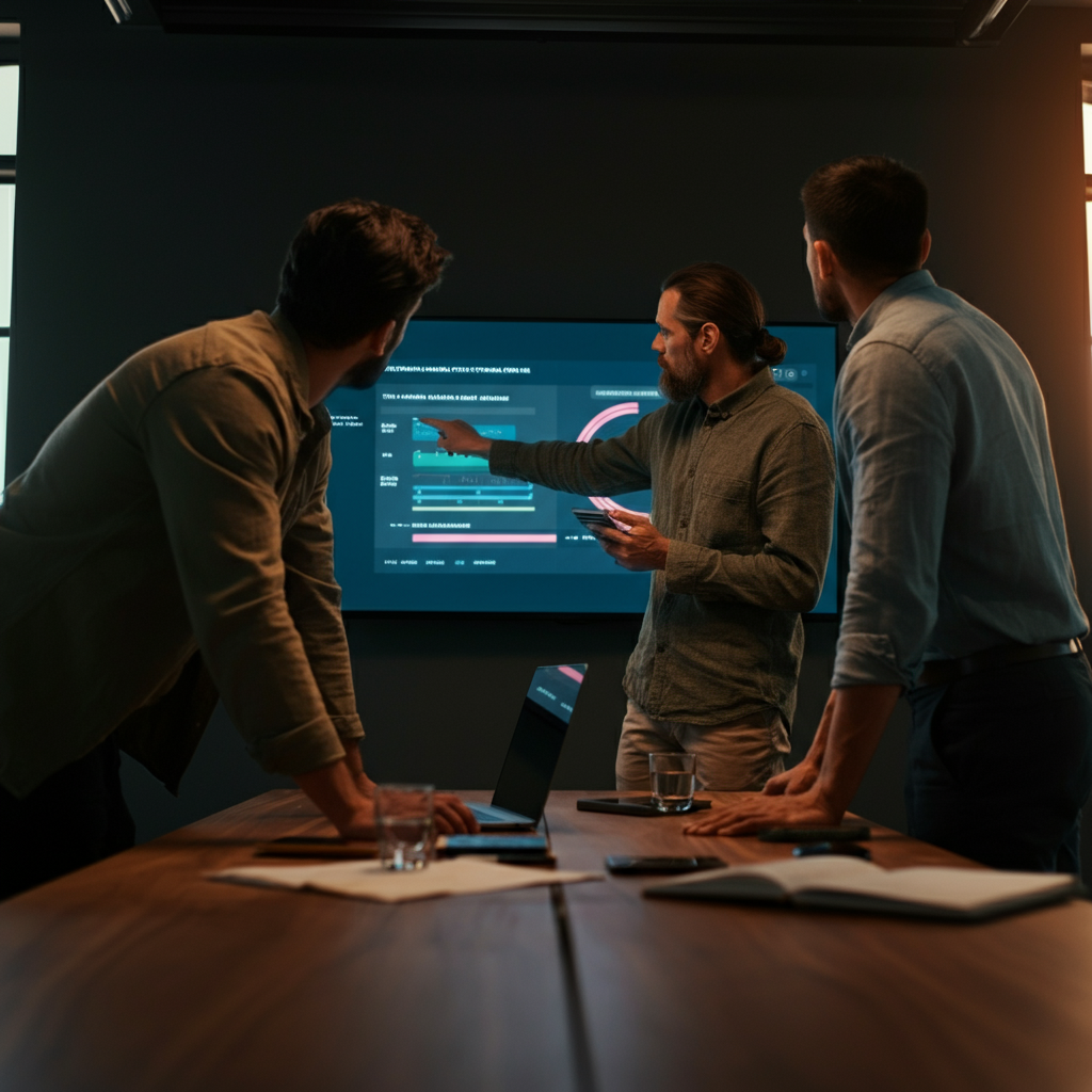 Three professionals stand around a conference table, reviewing a presentation on a large screen. They are pointing and discussing, with expressions of collaboration and analysis. The room is well-lit, and the screen displays vibrant graphics. The atmosphere is collaborative and constructive.