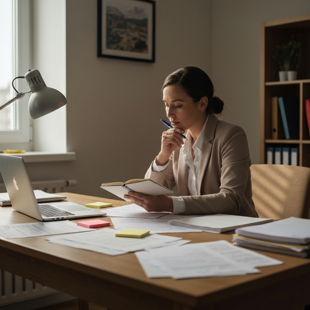 A brightly lit home office. A woman sits at a desk covered with papers, a laptop, and sticky notes. She’s holding a notebook and pen, thoughtfully reviewing the contents of the desk with a concentrated expression. Soft natural light filters in from a window, casting gentle shadows. The room has a warm, inviting feel.